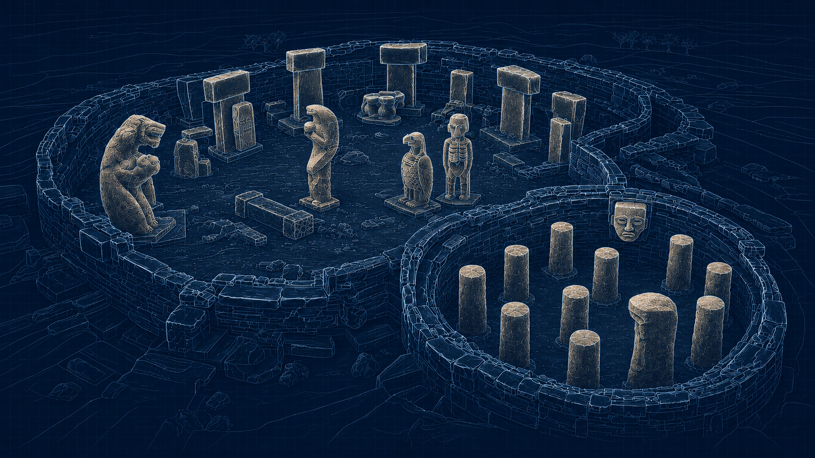 Blueprint-style reconstruction of the Karahan Tepe enclosures — the leopard carrier, the vulture, the Ribbed Man, the carved head and the pillar room